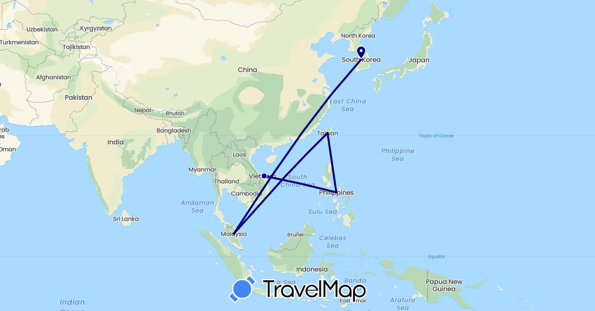 TravelMap itinerary: driving in South Korea, Malaysia, Philippines, Taiwan, Vietnam (Asia)